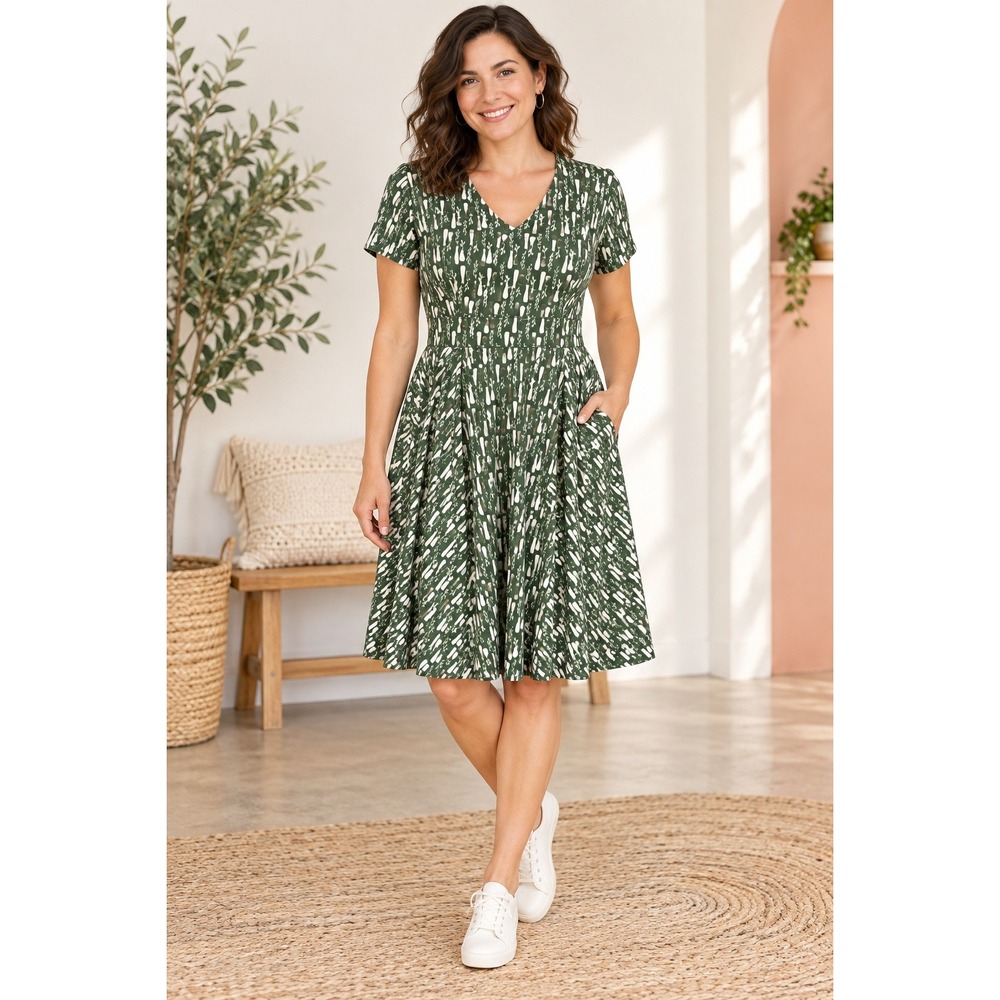 Karina Easy Megan Dress Green Botanical Vase Print V-Neck Midi Pockets Sz M